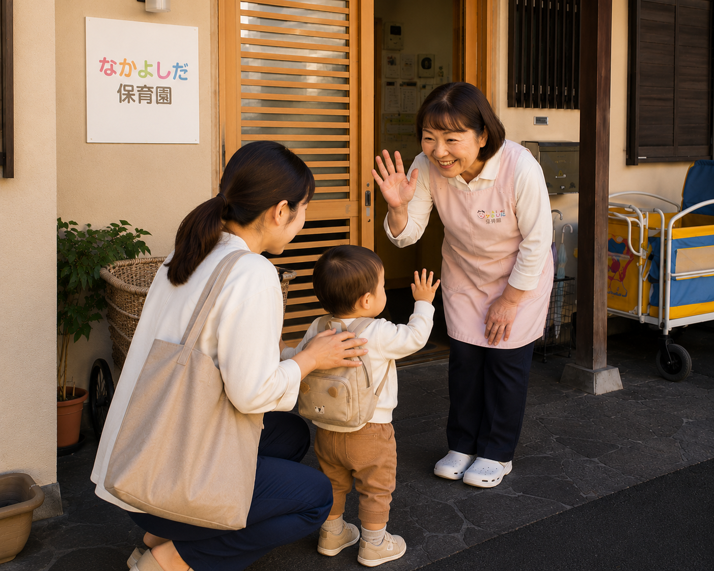 なかよしだ保育園の入口で、ベテラン保育士が母親と子どもを笑顔で迎えている朝の送迎風景